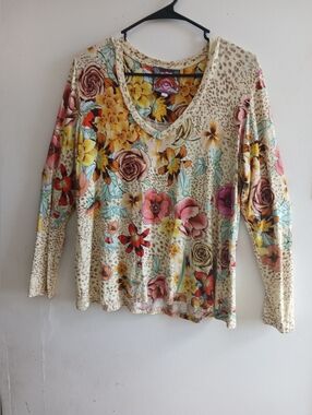 Johnny Was Cream Floral V-Neck Long Sleeve Top with Multicolor Blooms